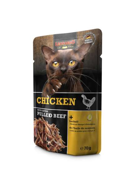 LEONARDO® Chicken &amp; extra Pulled Beef | 16x 70g Pouches Katzenfutter