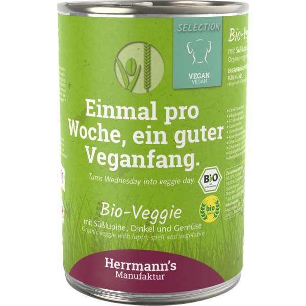 Herrmanns Select Bio Veggie | mit weißer Süßlupine, Dinkel &amp; Gemüse | 6x400g Hundefutter Glutenfrei