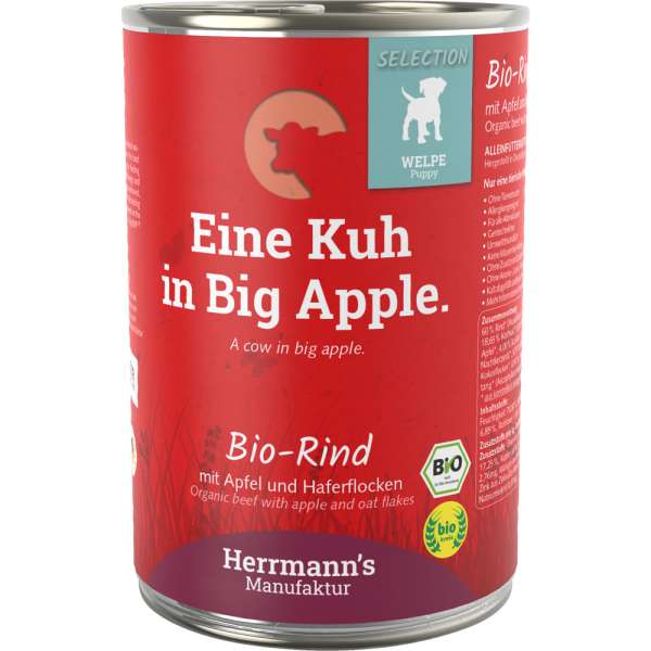 Herrmanns Select | mit Bio Rind, Apfel &amp; Haferflocken | 6x 400 g Hunde-Welpen Ergänzungsfutter