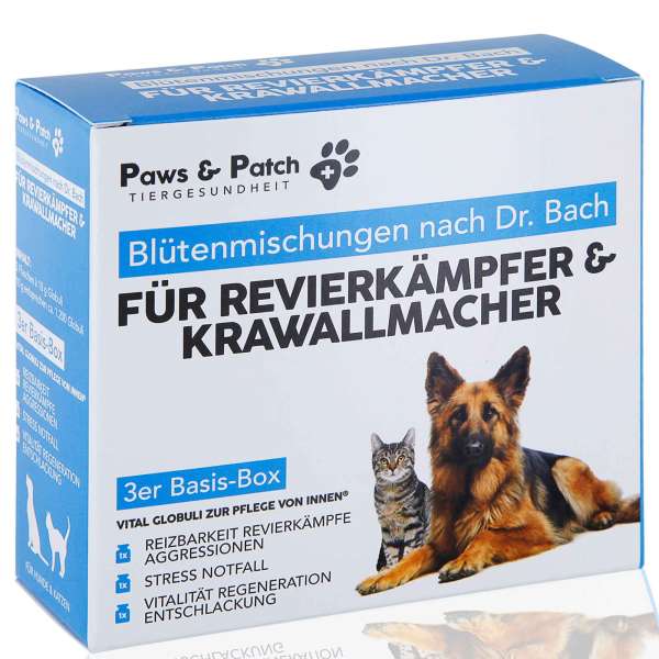 Paws &amp; Patch Blütenmischung nach Dr. Bach | 3er BASIS-BOX für Revierkämpfer &amp; Krawallmacher | 3x10g