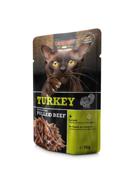 LEONARDO® Turkey &amp; extra Pulled Beef | 16x 70g Pouches Katzenfutter