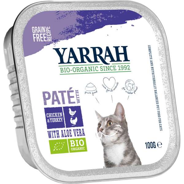 Yarrah Paté | mit Huhn, Truthahn &amp; Aloe | 6x100g gluten- und getreidefreies BIO Katzenfutter