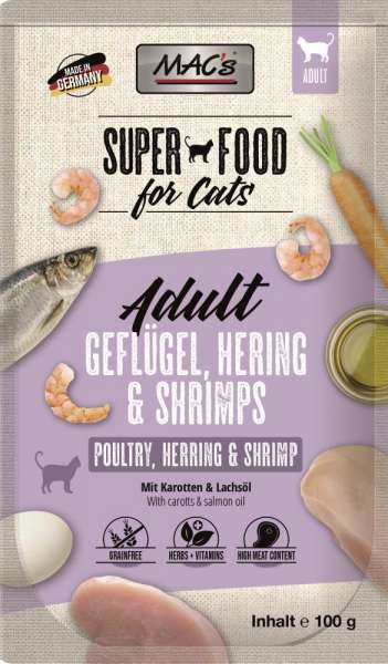MACs Superfood Pouches | mit Geflügel, Hering &amp; Shrimps | 12x100g Katzenfutter
