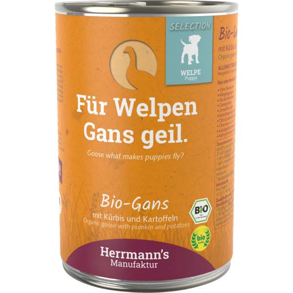 Herrmanns Select | mit Bio Gans, Spinat &amp; Kartoffeln | 6x 400 g Hunde-Welpen Ergänzungsfutter