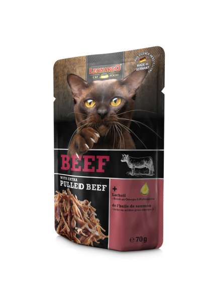 LEONARDO® Beef &amp; extra Pulled Beef | 16x 70g Pouches Katzenfutter