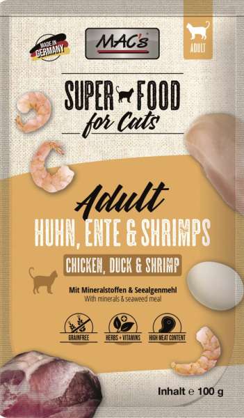 MACs Superfood Pouches | mit Huhn, Ente &amp; Shrimps | 12x100g Katzenfutter