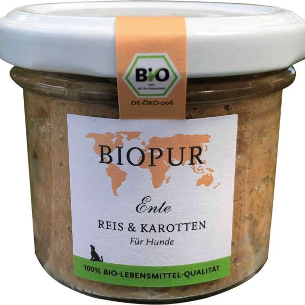 BIOPUR Dog | mit Bio Ente, Reis &amp; Karotten | 6x100g Hundefutter im Glas