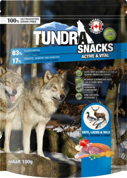 Tundra Dog Active &amp; Vital | mit Ente, Lachs &amp; Wild | 100 g Hundesnacks