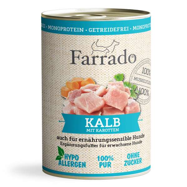 Farrado Kalb mit Karotte | Muskelfleischstücke in Soße | 6x 400gD getreidefreies Hundefutter
