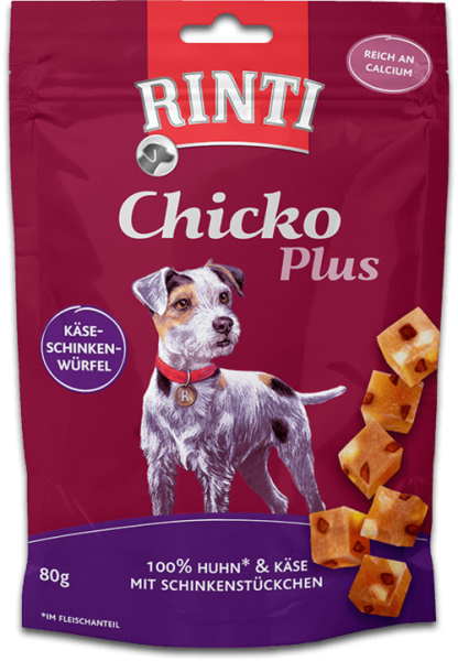 Rinti Extra Chicko Plus | Käse und Schinkenwürfel | 6x80g Hundesnack